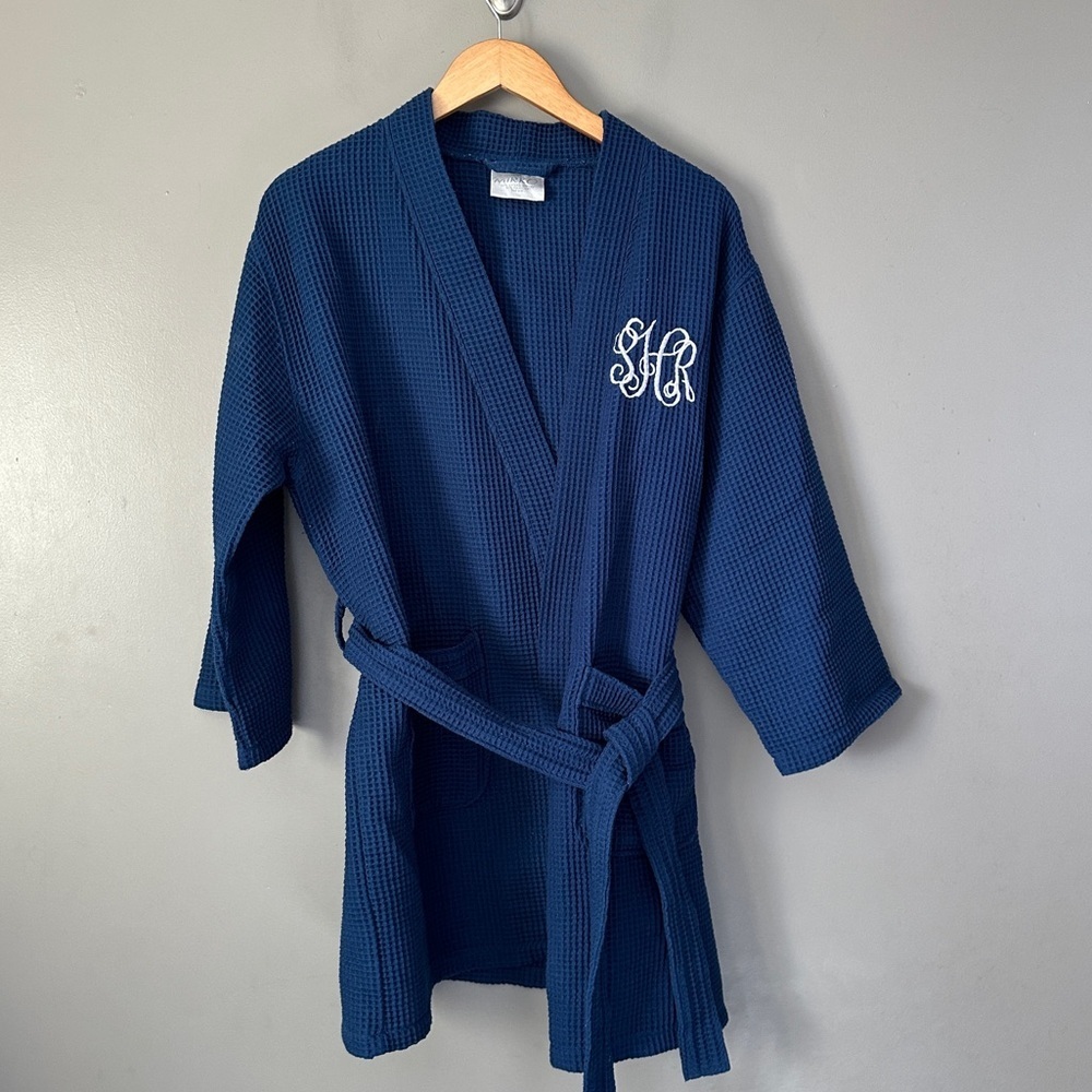 Mirko Navy Blue Waffle Knit Robe with Monogram